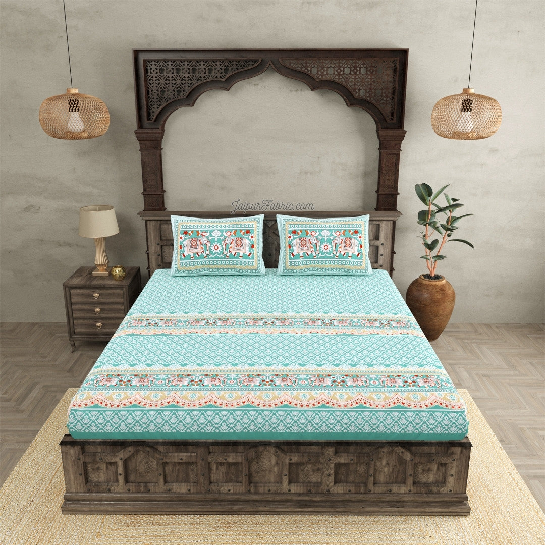 Serene Teal Elegant Elephant Print Design Super King Size Bedsheet