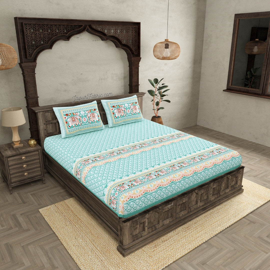 Serene Teal Elegant Elephant Print Design Super King Size Bedsheet