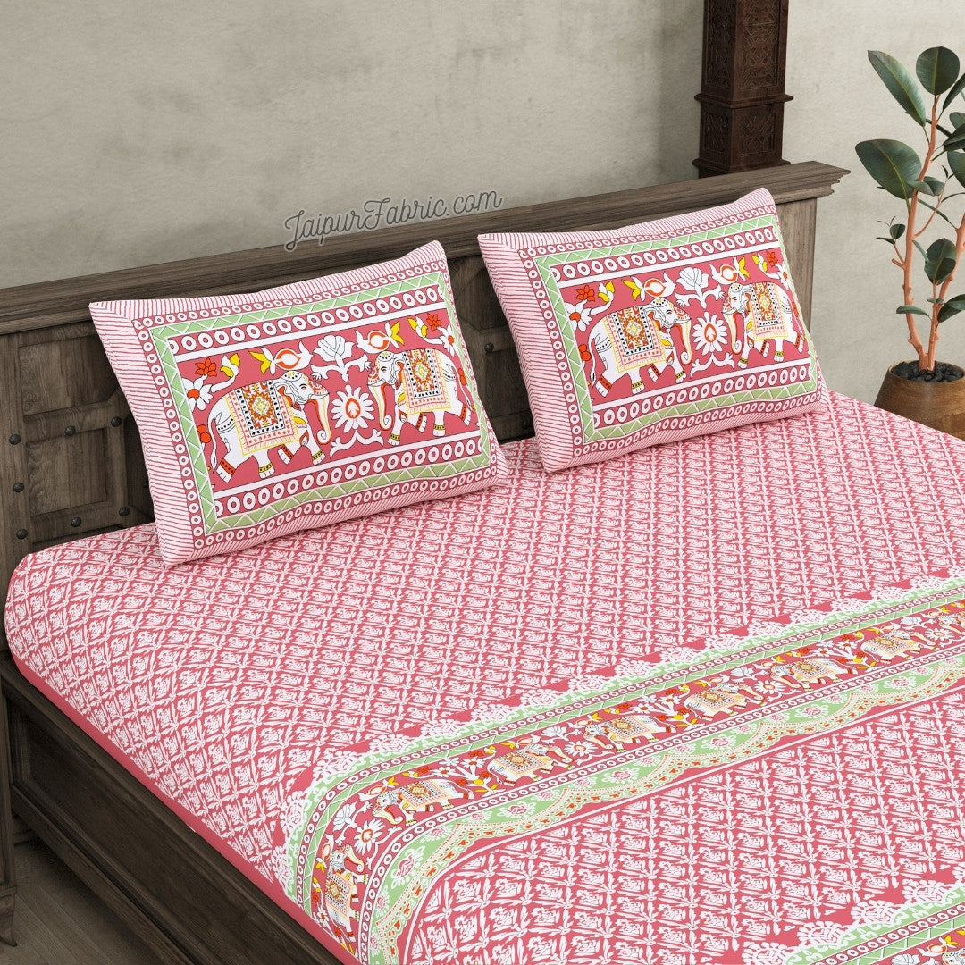 Blush Pink Super King Size Bedsheet with Adorable Elephant Print