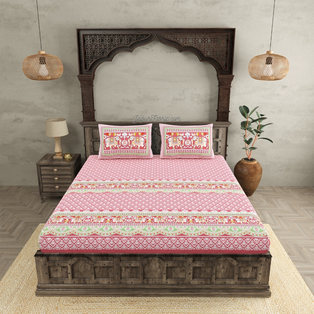 Blush Pink Super King Size Bedsheet with Adorable Elephant Print