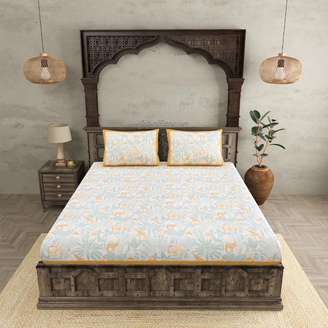 Wildlife Wonders Super King Size Mustard & Teal Bedsheet with Animal Prints