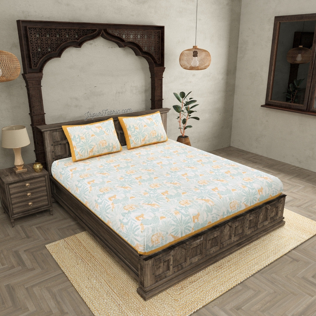 Wildlife Wonders Super King Size Mustard & Teal Bedsheet with Animal Prints