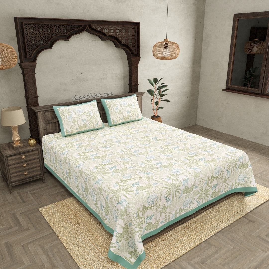 Exotic Wildlife Print Super King Size Bedsheet in Green Tones