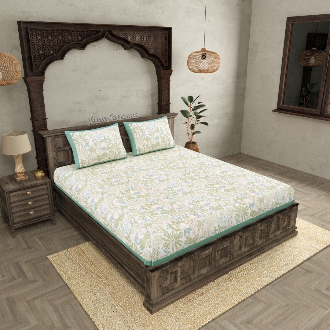 Exotic Wildlife Print Super King Size Bedsheet in Green Tones