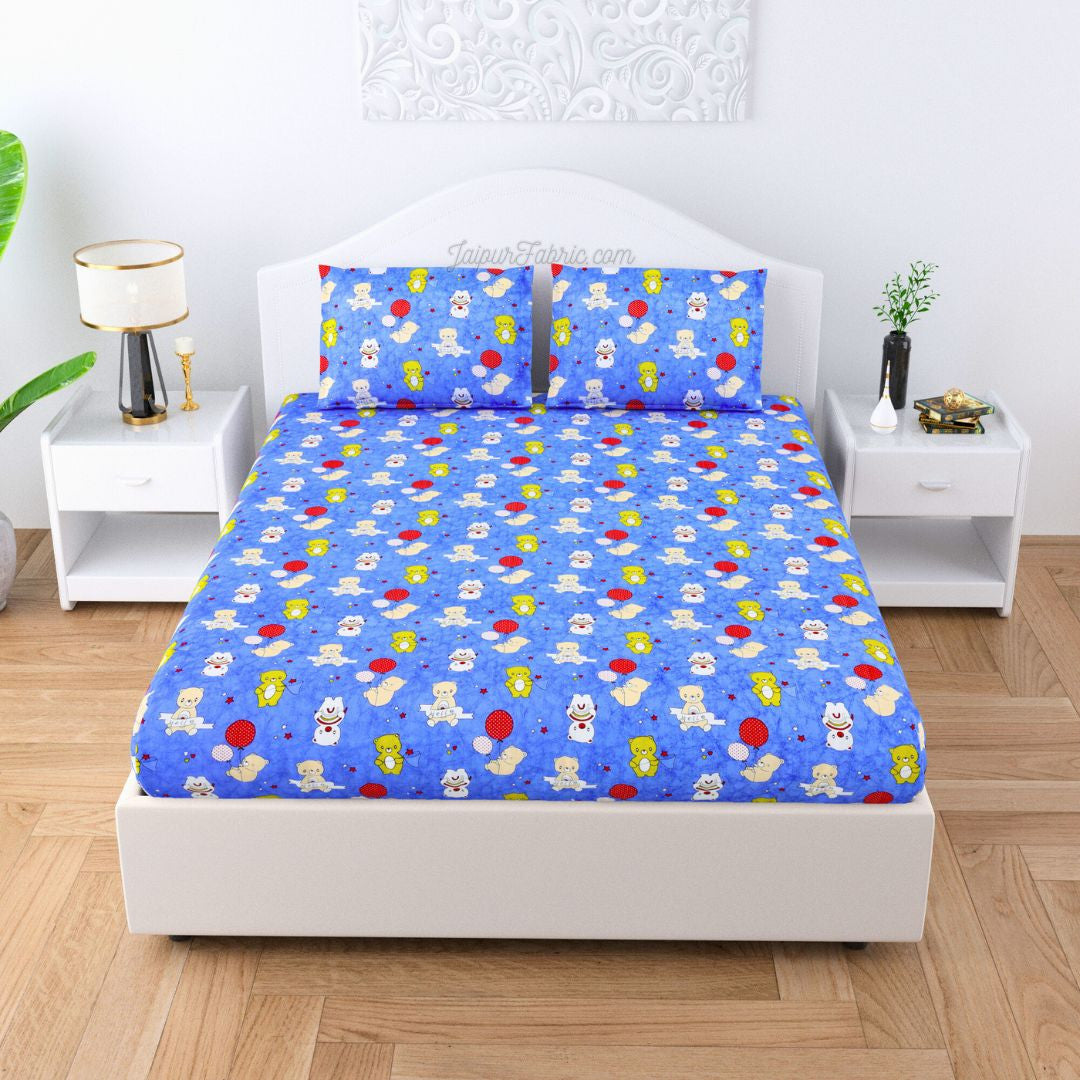 Little Explorer Pure Cotton Blue Teddy Bear and Balloons Kids Bedsheet