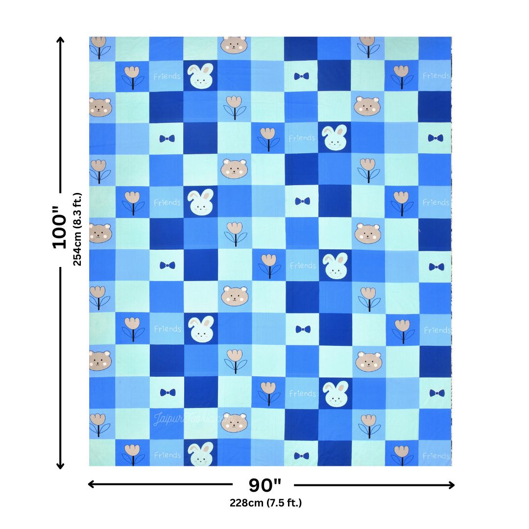 Dreamland Adventure Pure Cotton Teddy Bear and Rabbit Checks Pattern Bedsheet for Kids