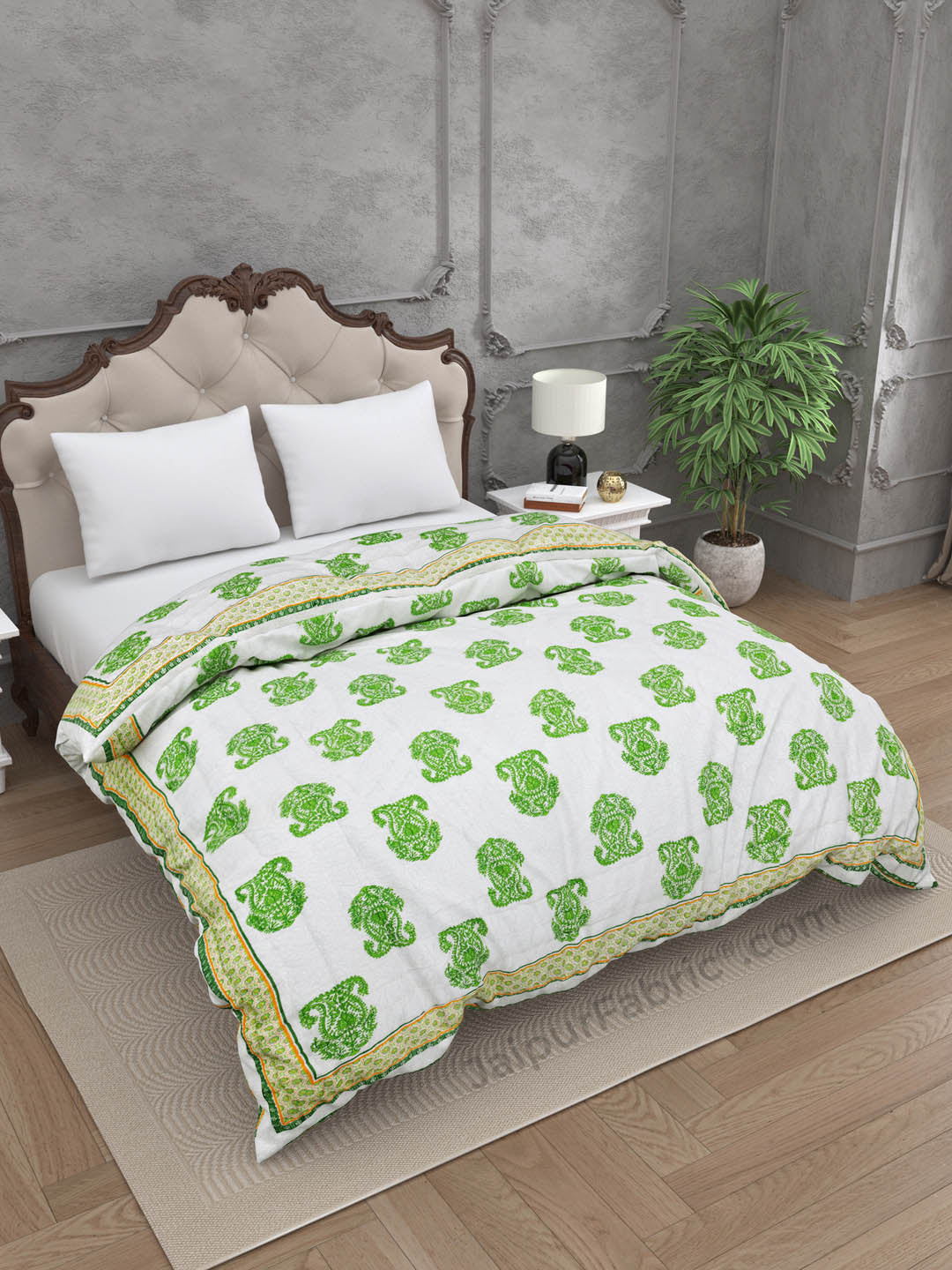 Traditional Green Boota Jaipuri Double Bed Quilt