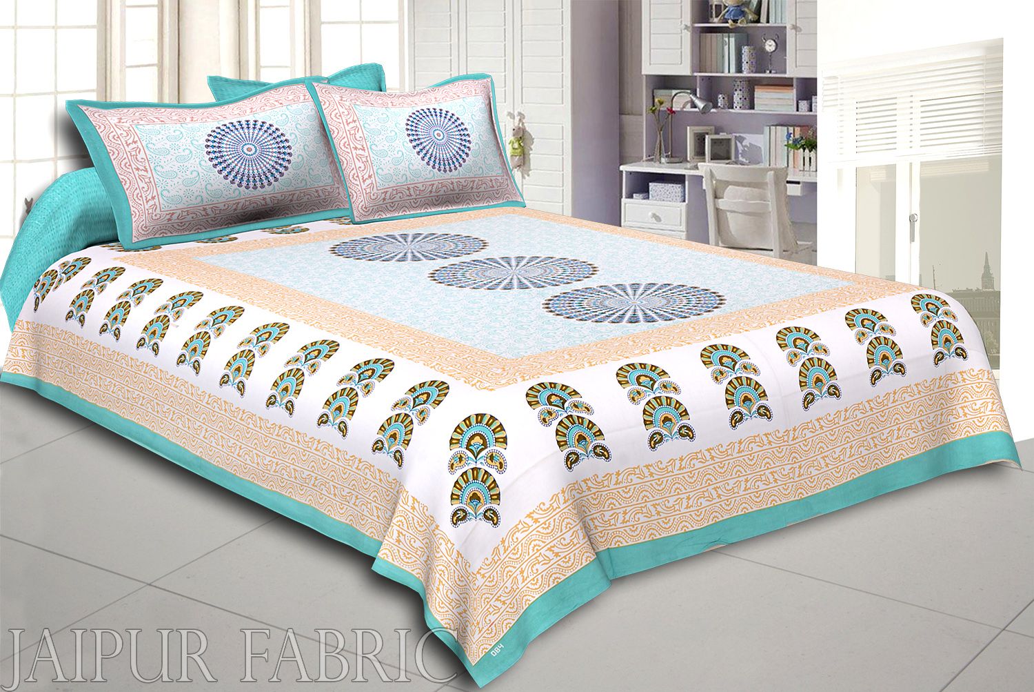 Green Border Sanganeri Printed Cotton Double Bed Sheet