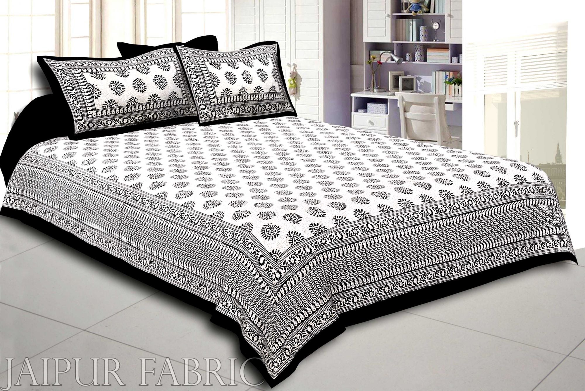 Black Border Cream Base Kerry Pattern Hand Block Print Super Fine Cotton Bed Sheet