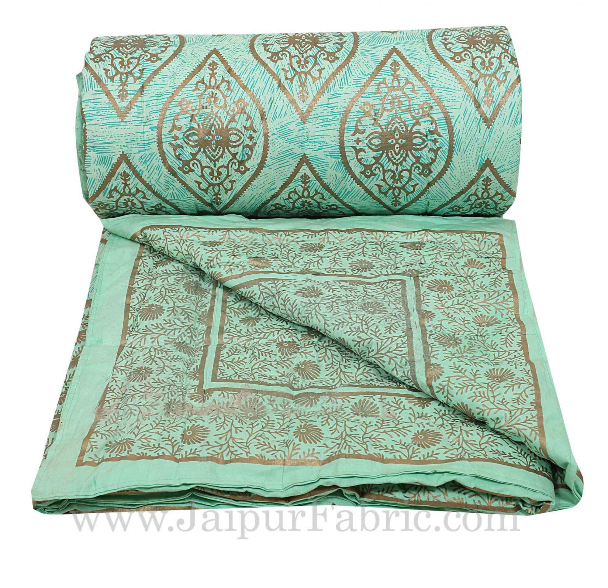 Jaipuri Printed Double Bed Razai Golden Pista Green with retro pattern