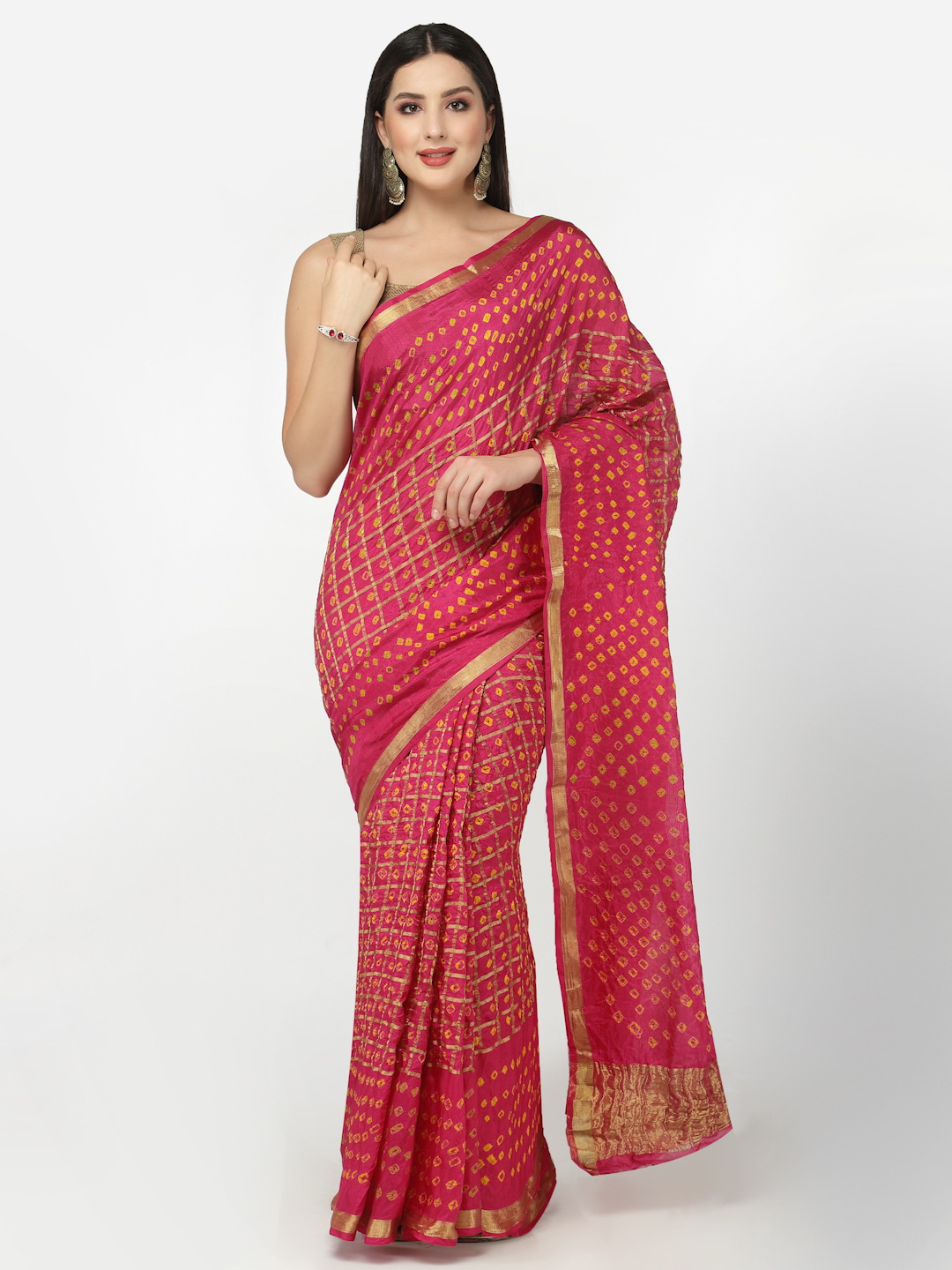 Women Silk Bandhani and Zari Weaving Saree with Unstitched Blouse - Pink