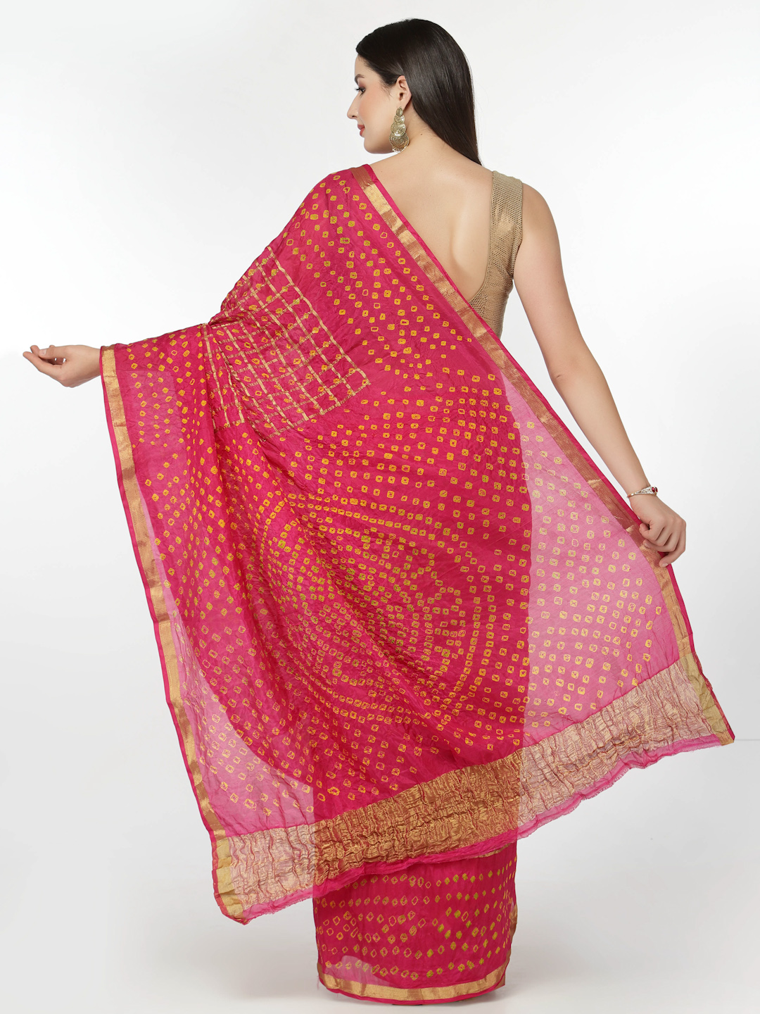 Women Silk Bandhani and Zari Weaving Saree with Unstitched Blouse - Pink