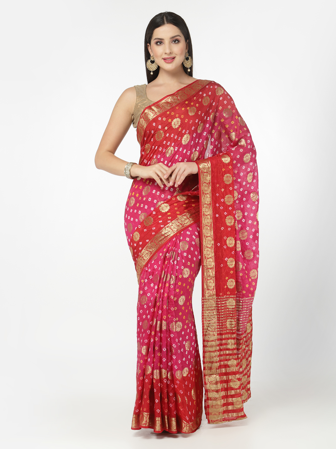 Pink And Red Women Silk Bandhani and Zari Weaving Saree with Unstitched Blouse