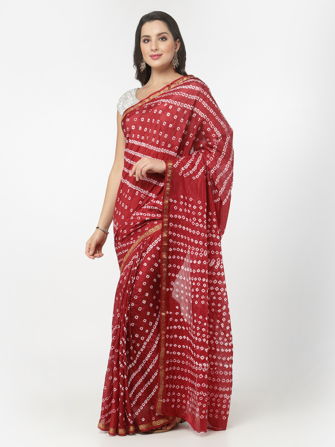 Silk Bandhani and Zari Weaving Saree with Unstitched Blouse - Maroon And White