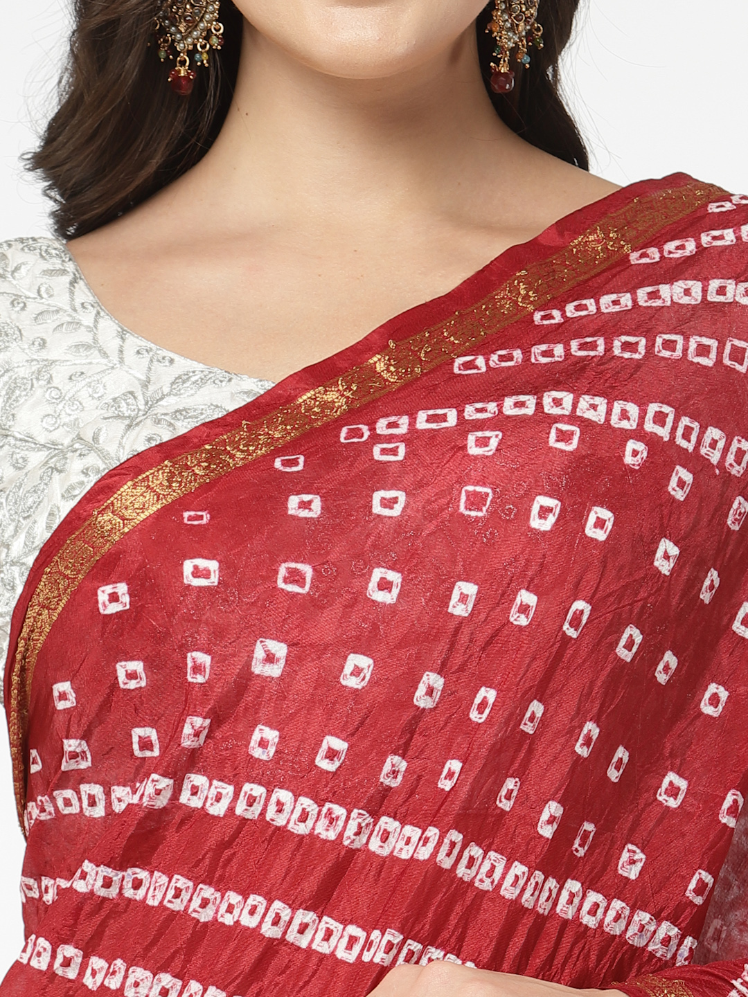 Silk Bandhani and Zari Weaving Saree with Unstitched Blouse - Maroon And White