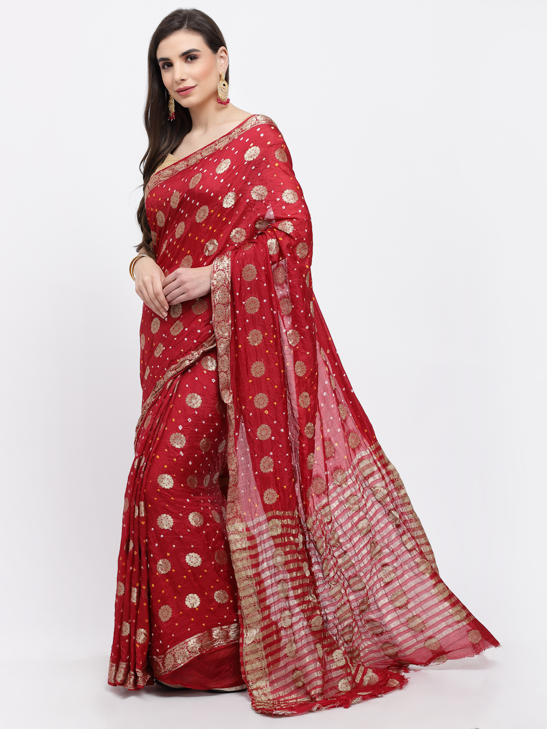 Women Bandhani With Zari Weaving Silk Saree And Blouse Maroon with Unstitched-Red