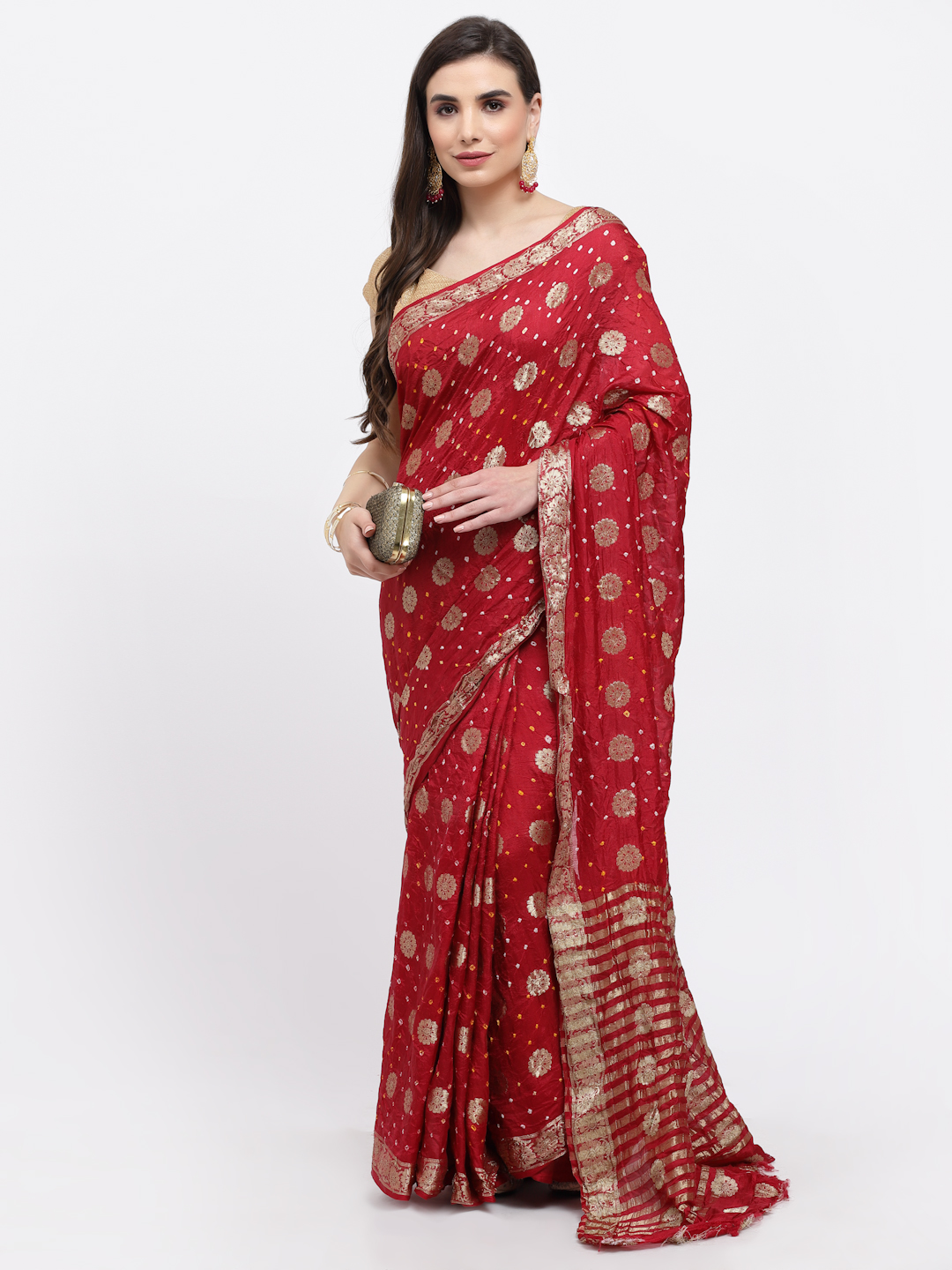 Women Bandhani With Zari Weaving Silk Saree And Blouse Maroon with Unstitched-Red