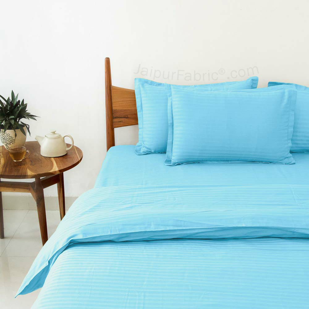 Light Blue Satin Stripes Matching Bedsheet and Comforter SET of 4 Bed in a Bag
