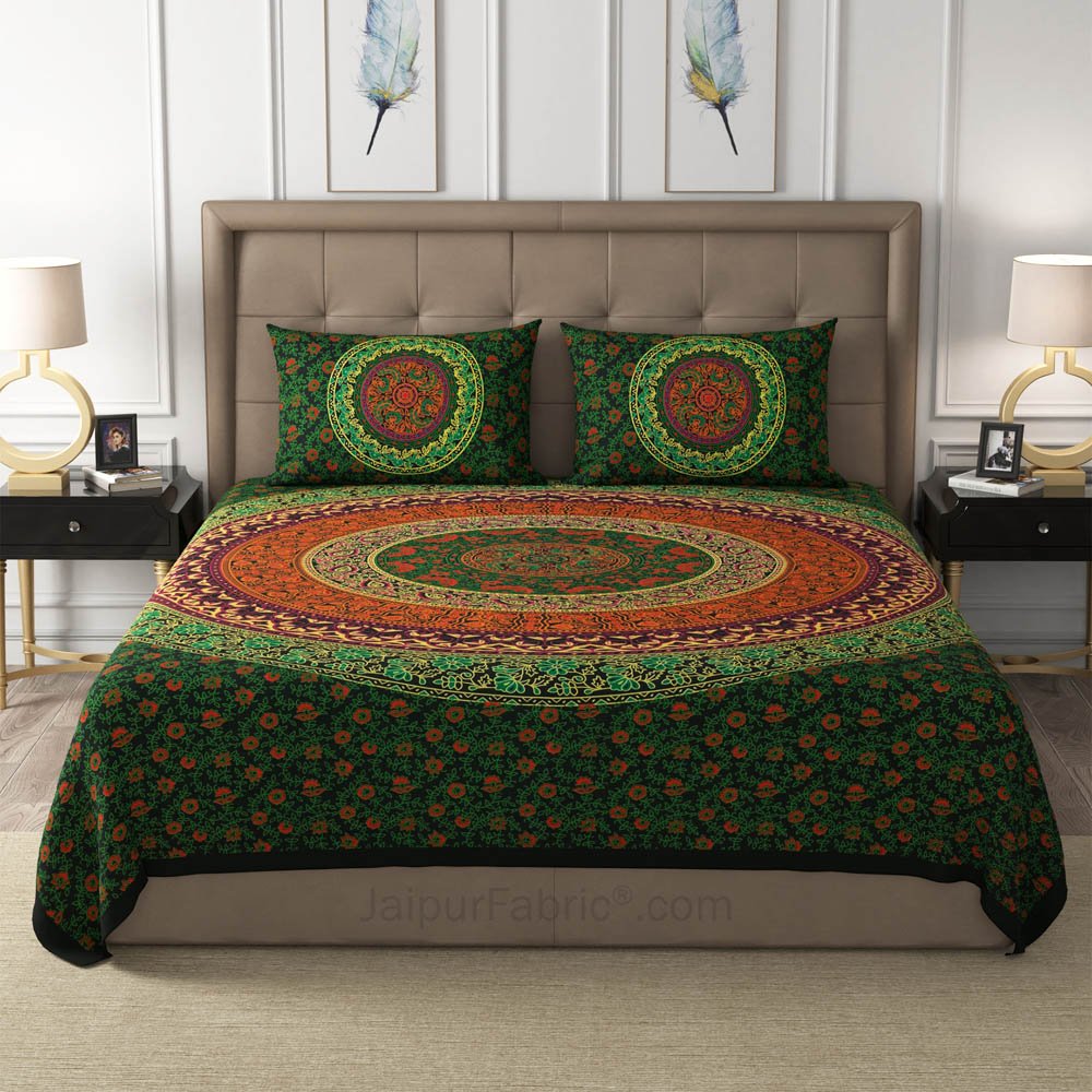 Green Rangoli Mandala Cotton Double Bedsheet