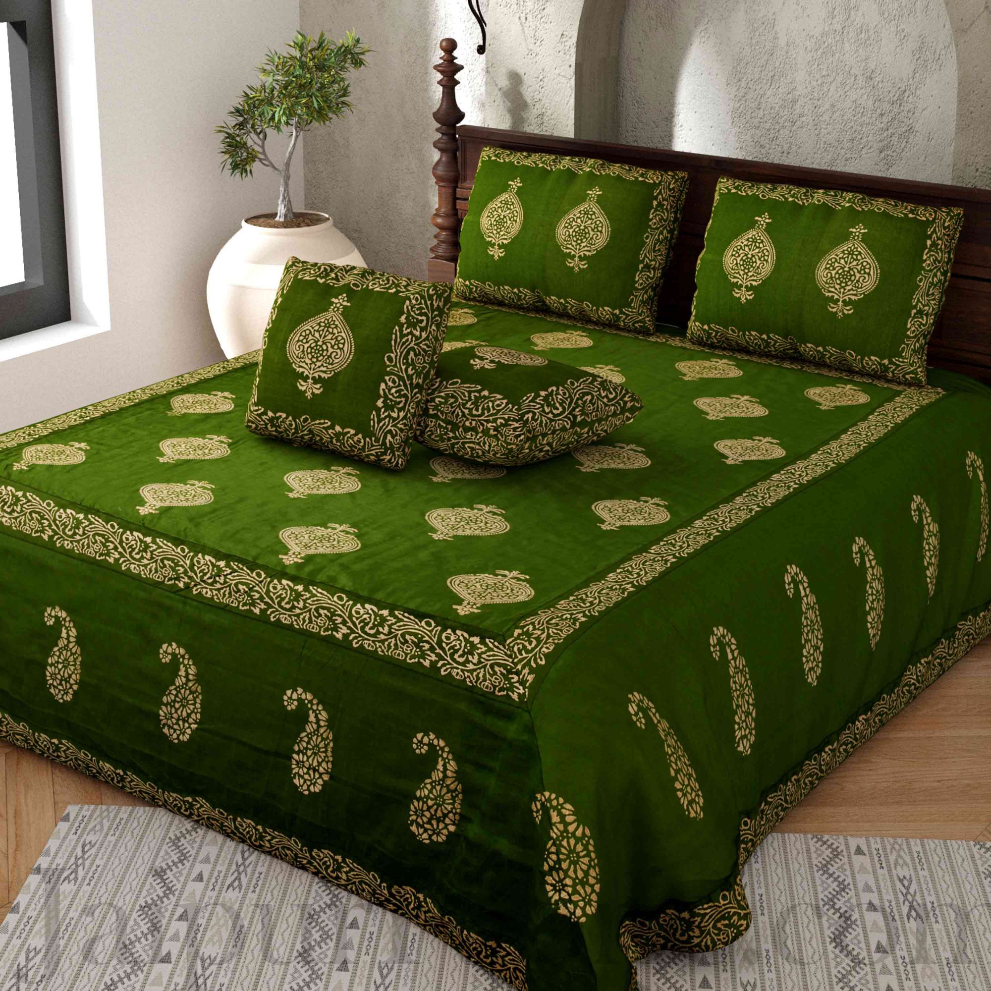 Mahendi Green Base Khadi Print Hand Work Silk Double Bedseet