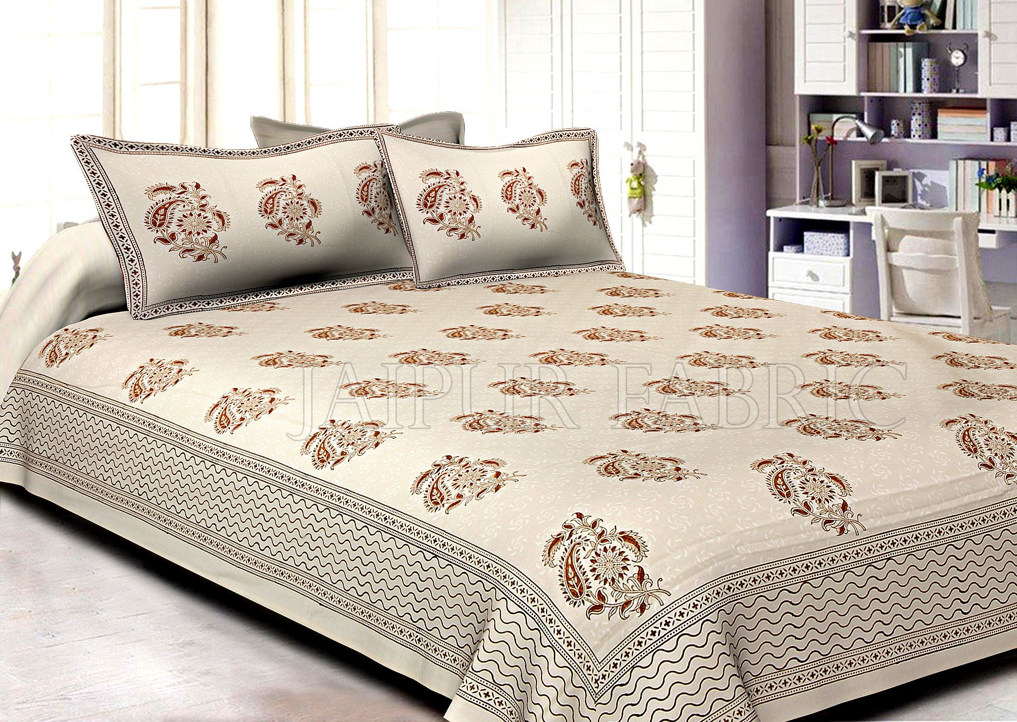 White Base Brown Rajasthani Buta Print Cotton Double Bed Sheet