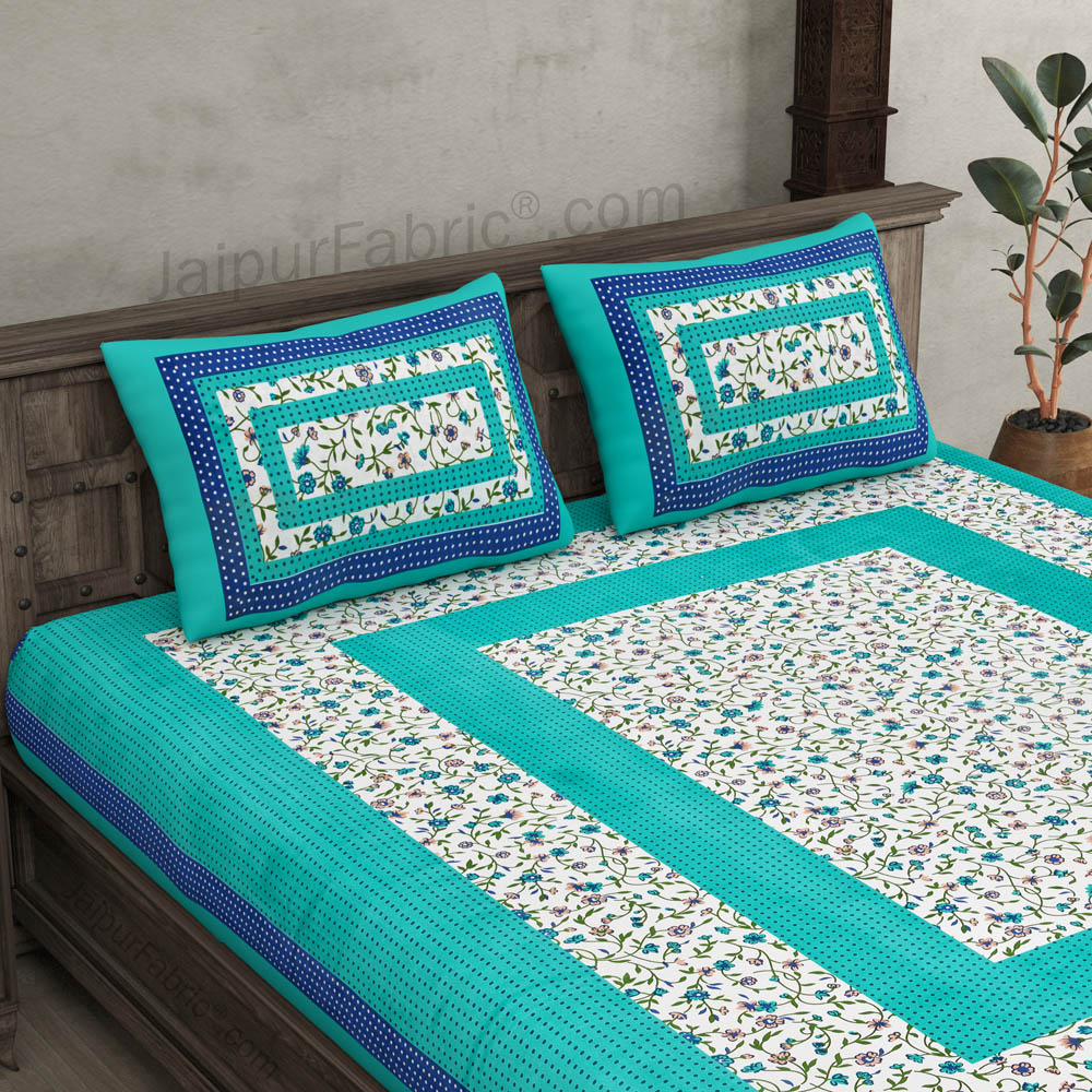 Floral Double Bedsheet Blue Color Checkred Border With 2 Pillow Covers