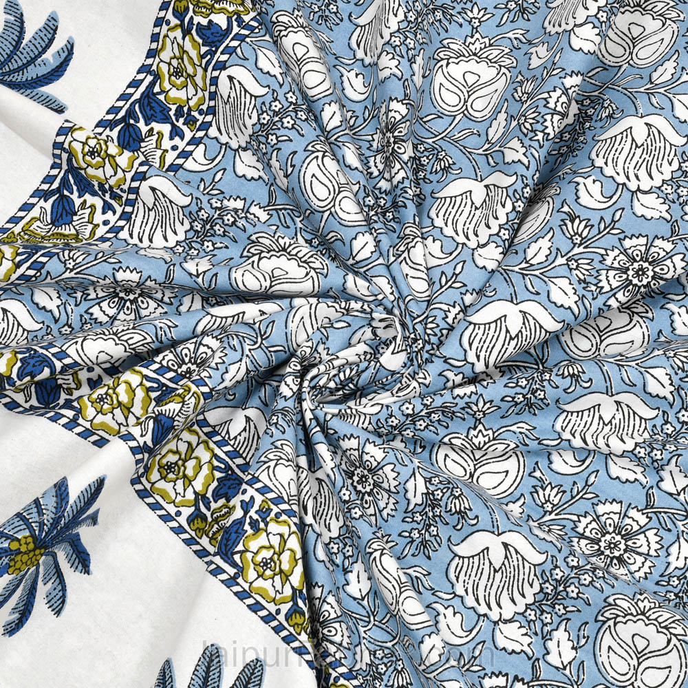 Whimsical Woodcuts Blue Block Print Pure Cotton Double Bedsheet