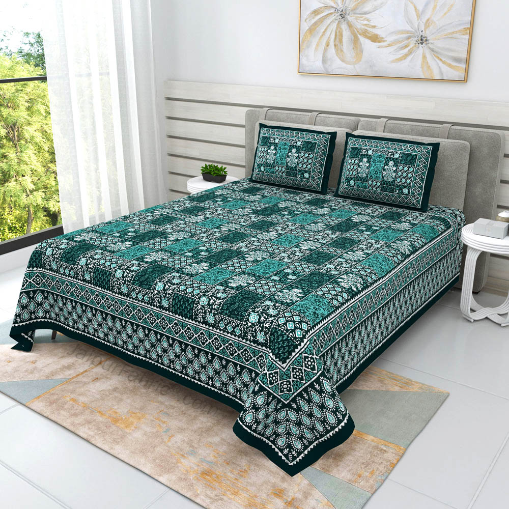 Green Floral Polygons Dabu Print Jaipuri Double Bedsheet