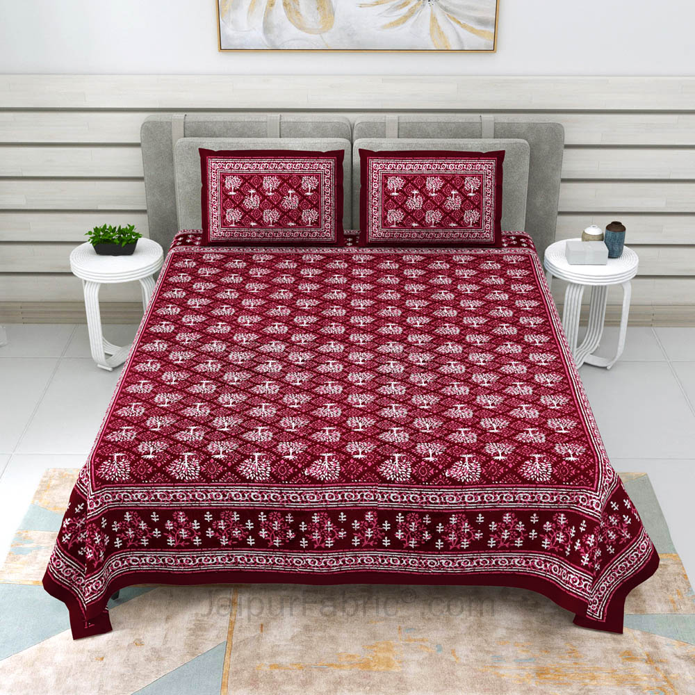 Maroon Topiary Dabu Print Jaipuri Double Bedsheet