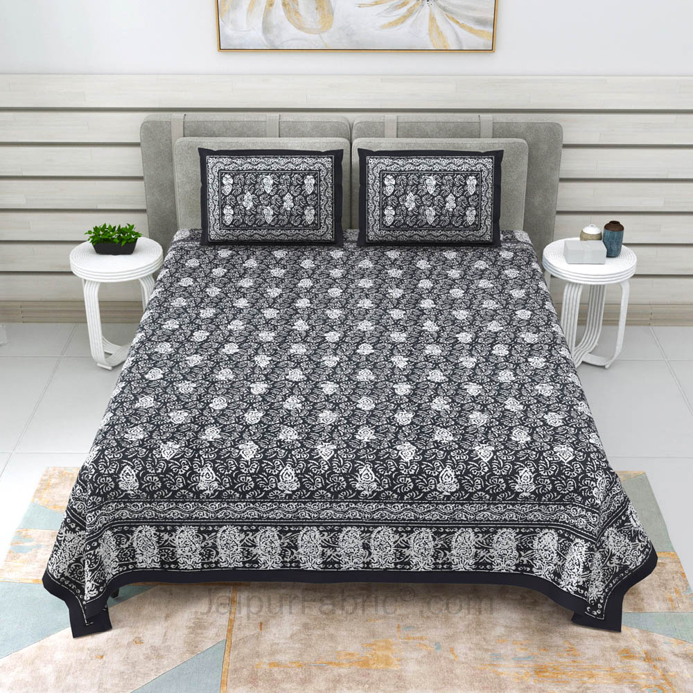 Grey Conic Dabu Print Jaipuri Double Bedsheet