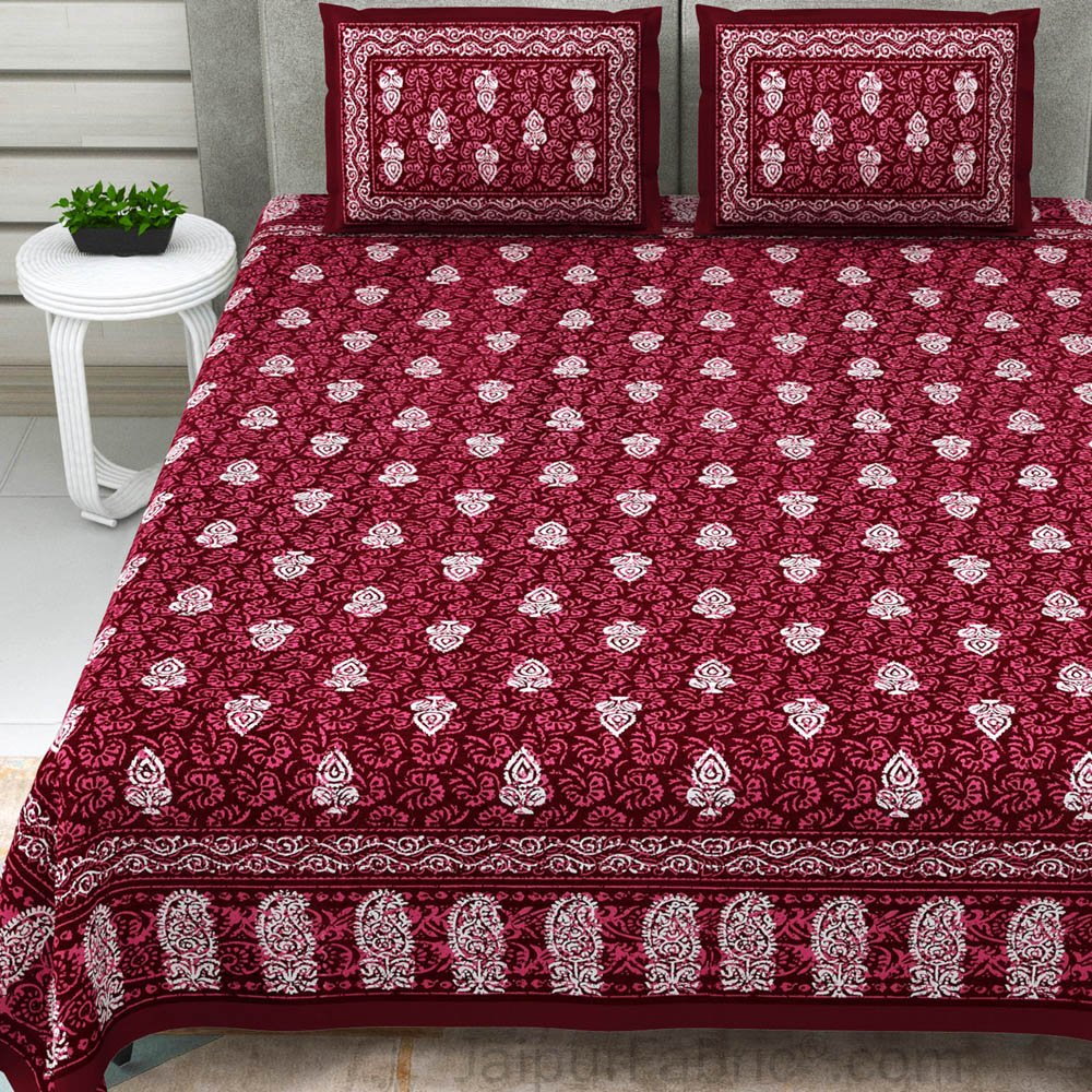 Maroon Conic Dabu Print Jaipuri Double Bedsheet