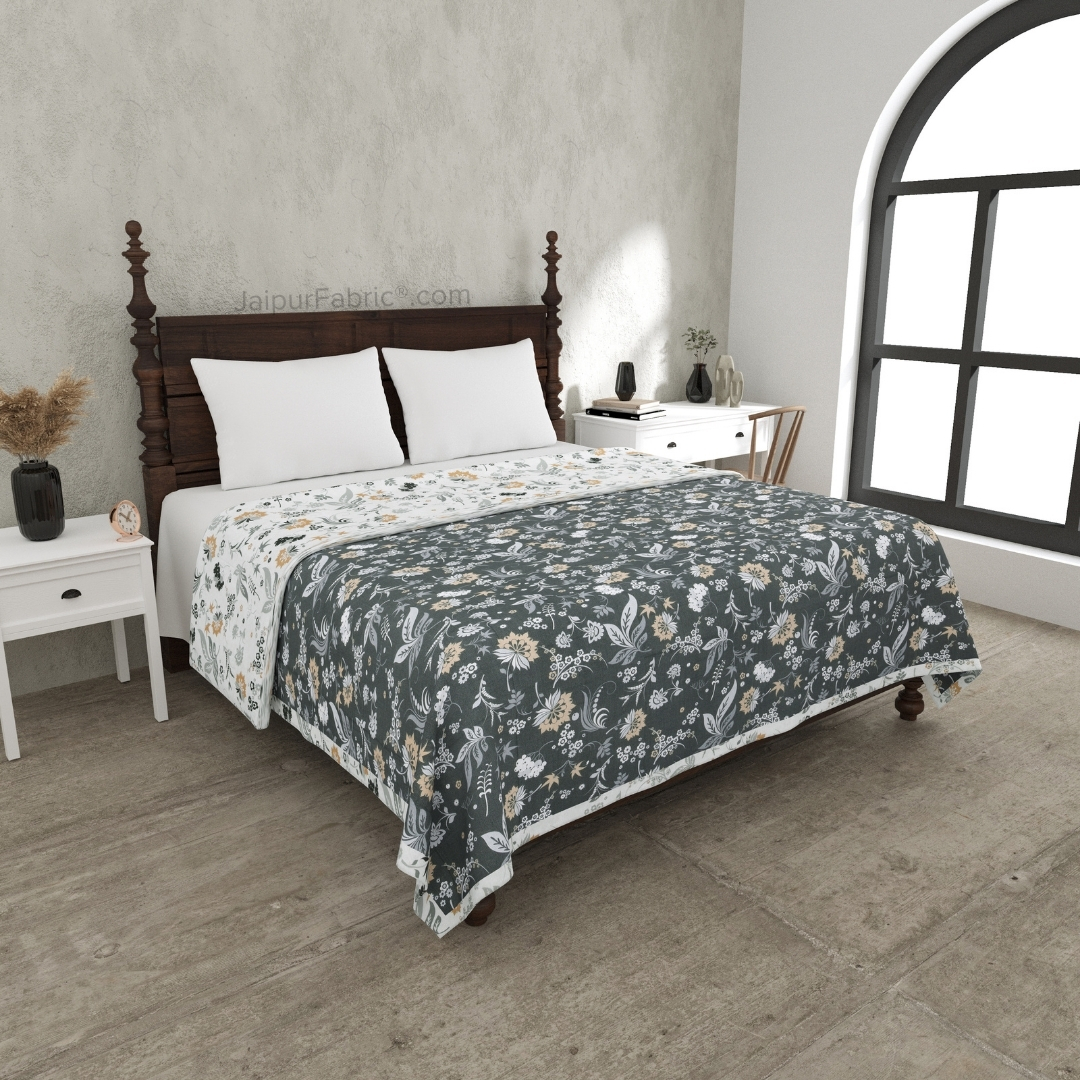 Flowery Spring Grey Cotton Reversible Double Bed Dohar