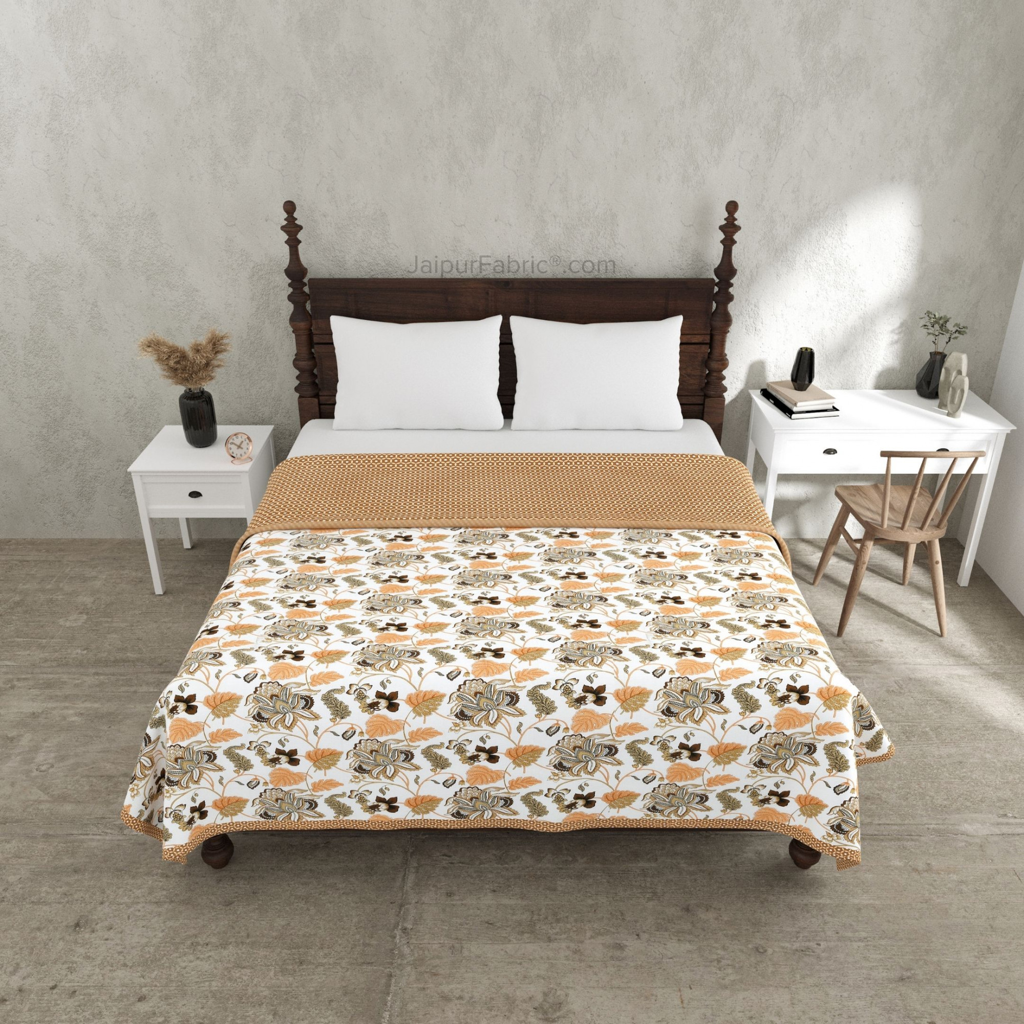 Golden Meadows Mustard & White Cotton Reversible Double Bed Dohar