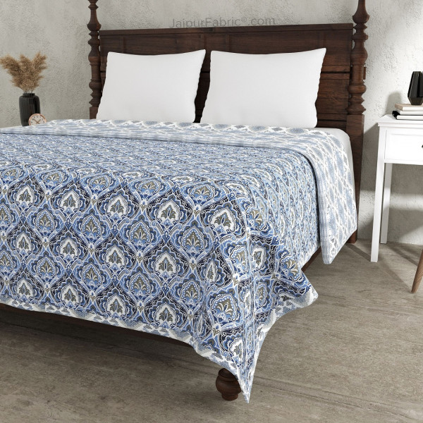 Ocean Whisper Blue and White Cotton Reversible Double Bed Dohar