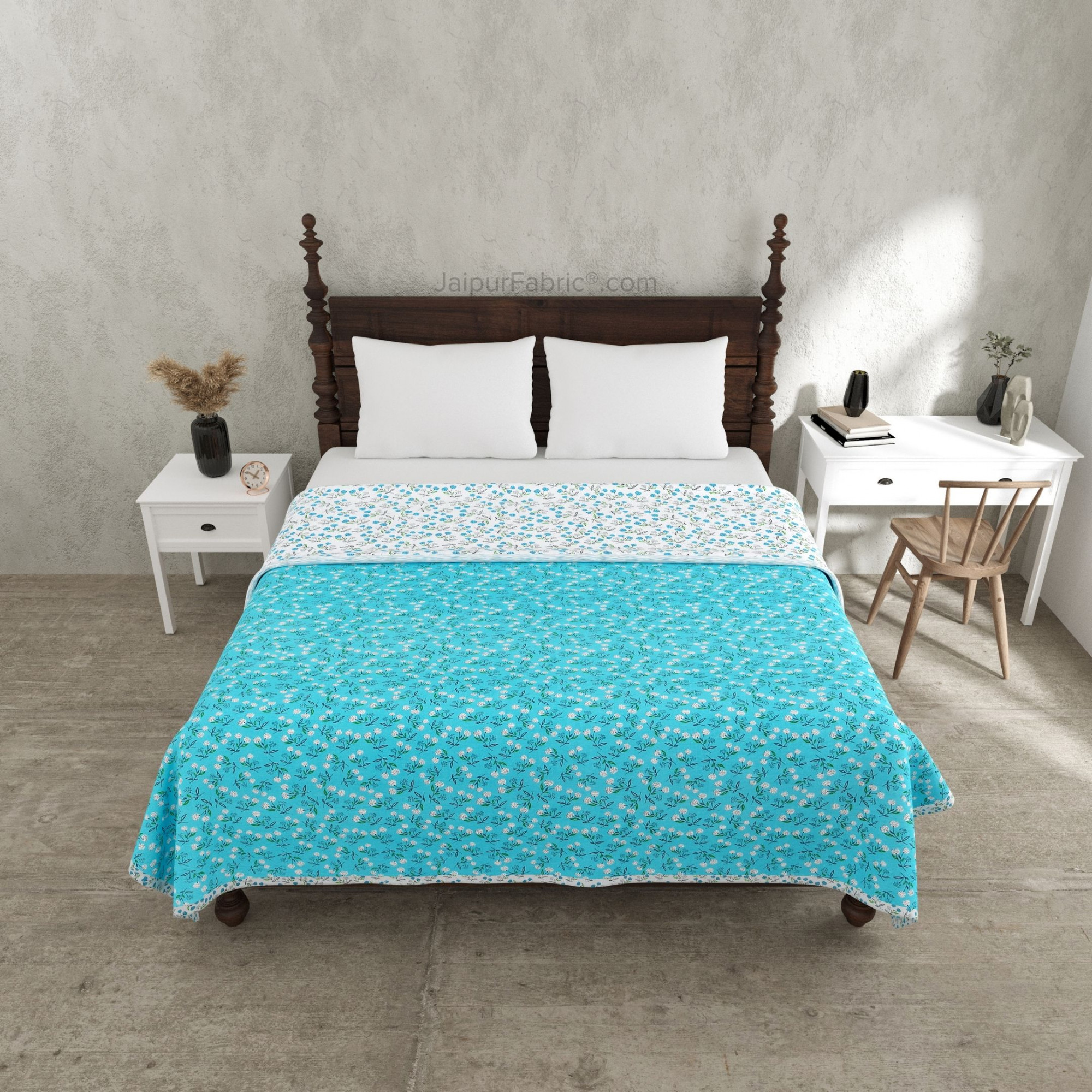 Marine Melody Sea Blue and White Cotton Reversible Double Bed Dohar