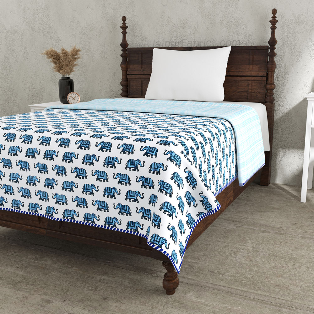 Elephant Print Blue Pure Cotton Reversible Single Bed AC Quilt Dohar