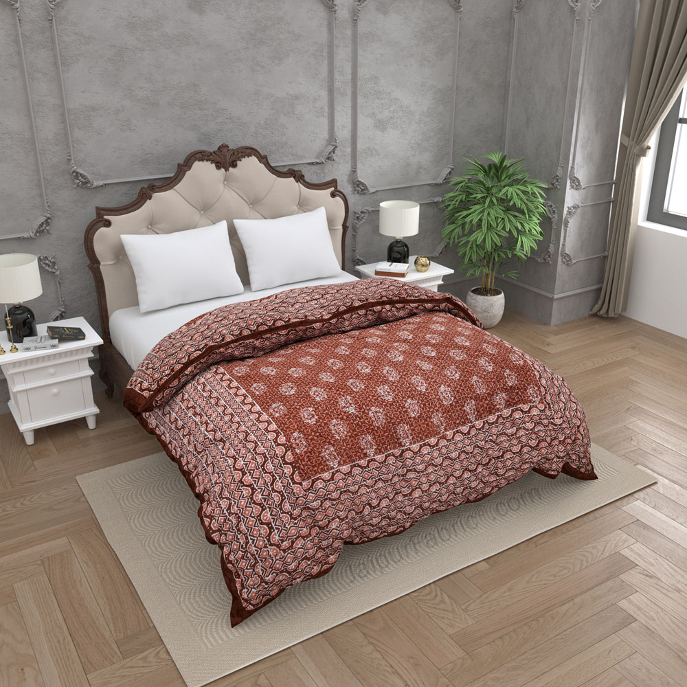 Jaipuri Rajai Daabu Traditional Print 300GSM Fine Cotton Brick Red Double Bed Quilt