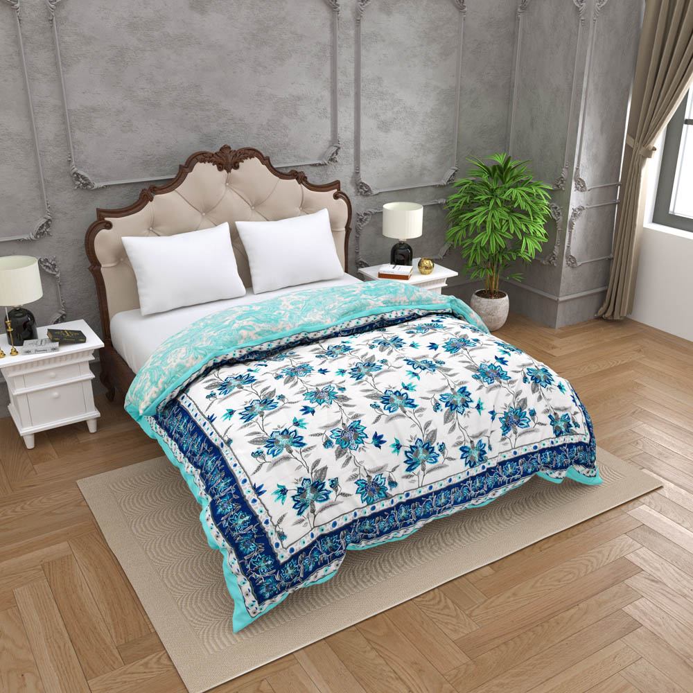 JaipurFabric® Blooming Dale Blue Premium Cotton Double Bed Quilt