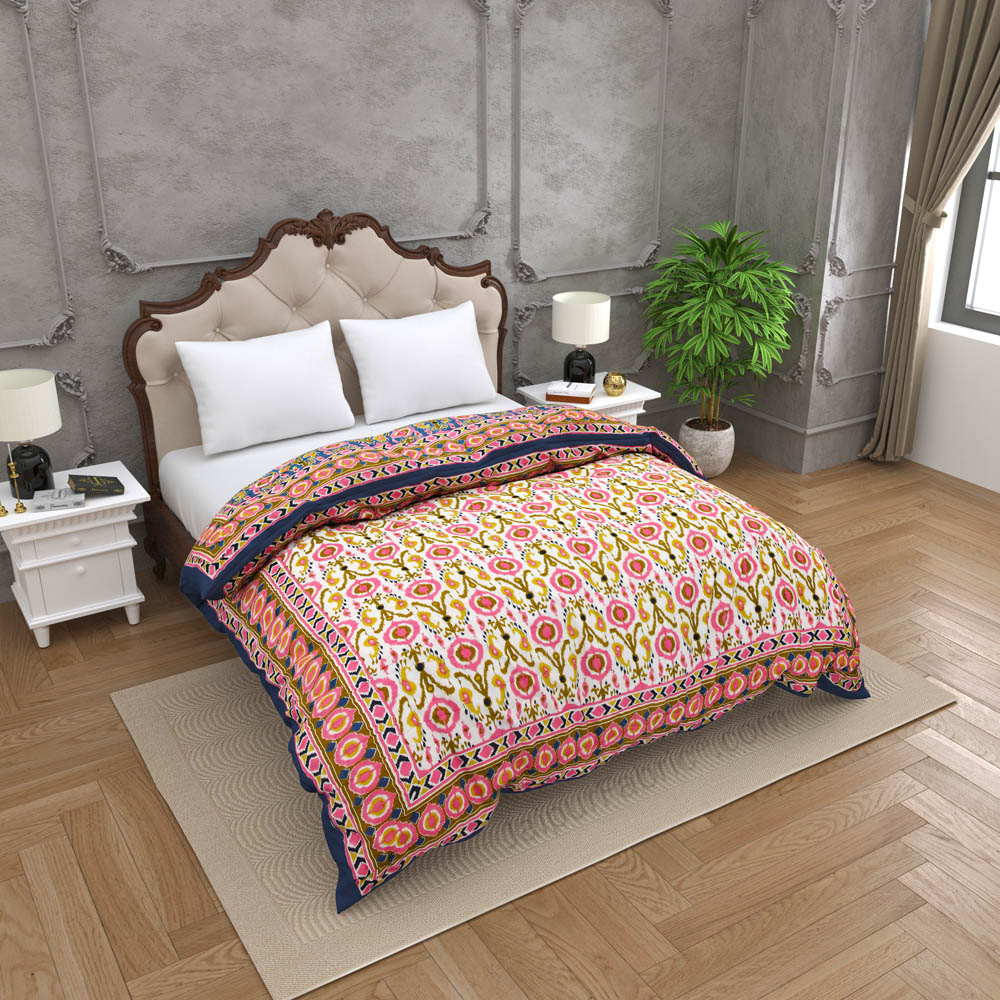 JaipurFabric® Lush Pink Blue Ikat Premium Cotton Double Bed Quilt
