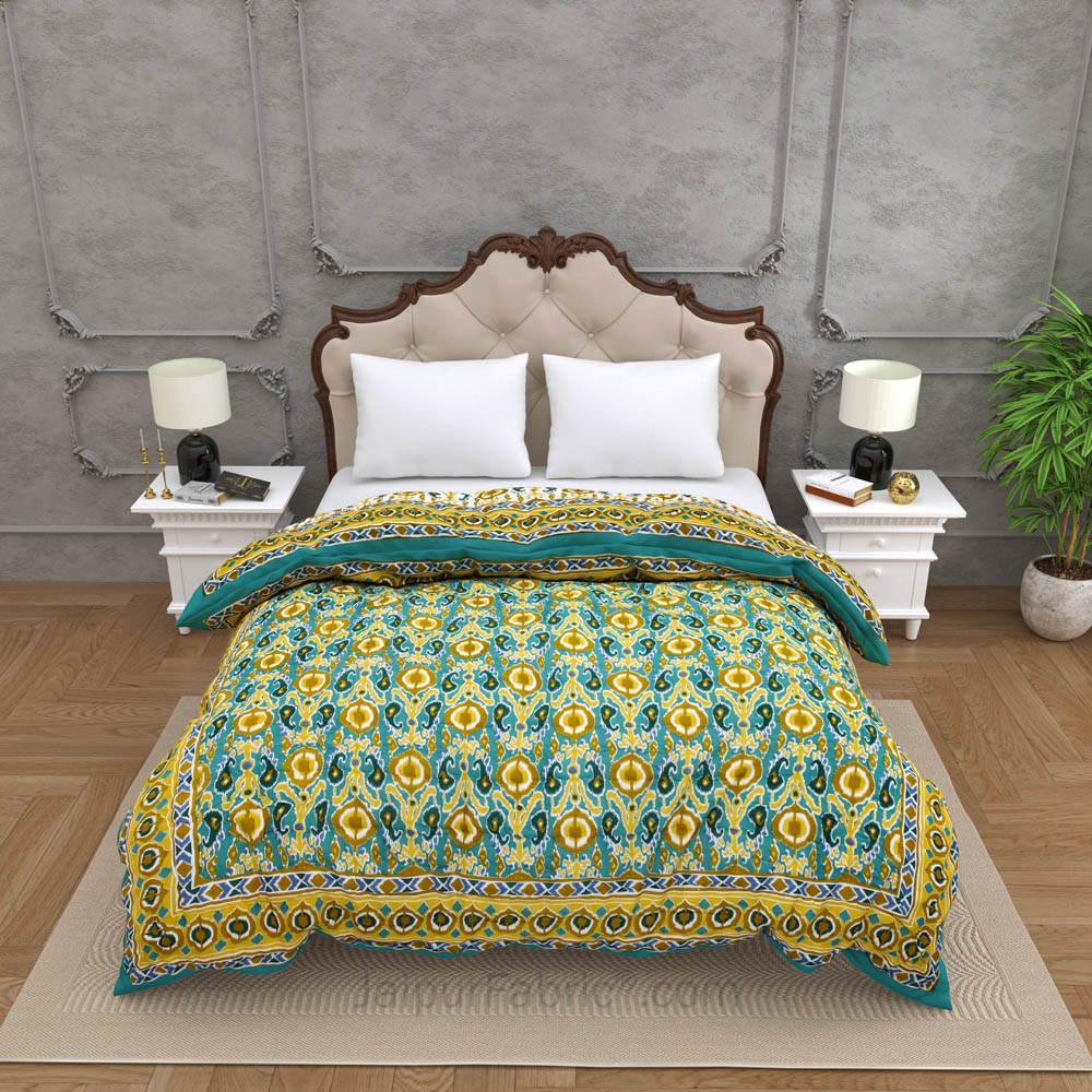 JaipurFabric® Lush Green Ikat Premium Cotton Double Bed Quilt