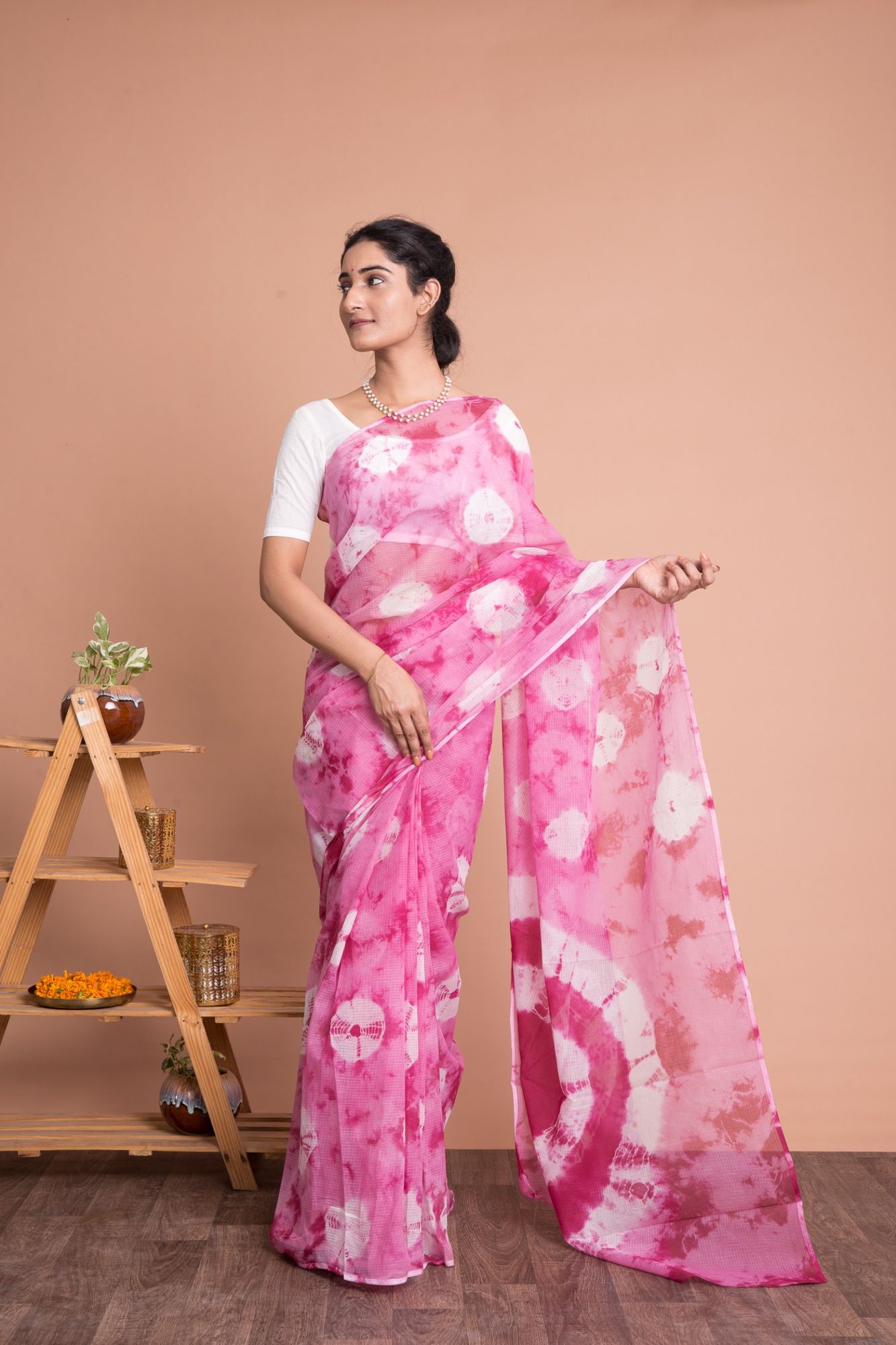 Tie And Dye Marble Print Kota Doria Saree with Mulmul Cotton Unstitched Blouse - Pink
