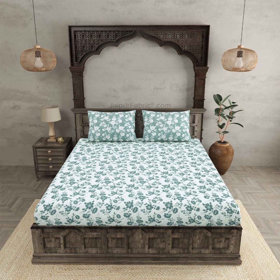 Summer Revival Off White Green Cotton King Size Bedsheet