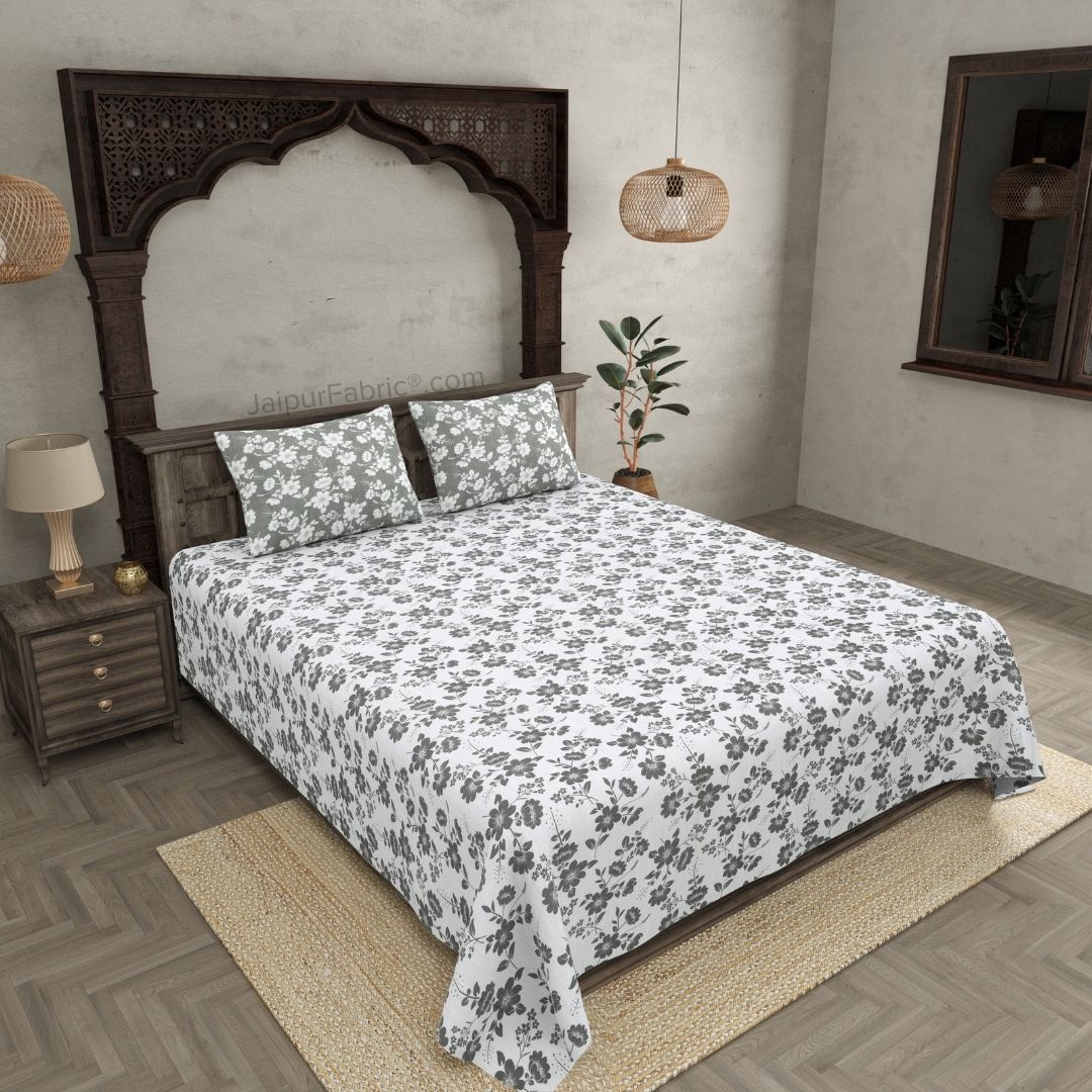 Summer Revival Off White Grey Cotton King Size Bedsheet