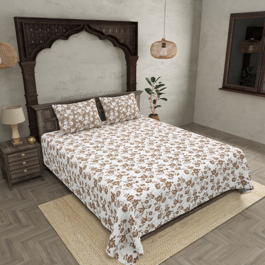 Summer Revival Off White Brown Cotton King Size Bedsheet