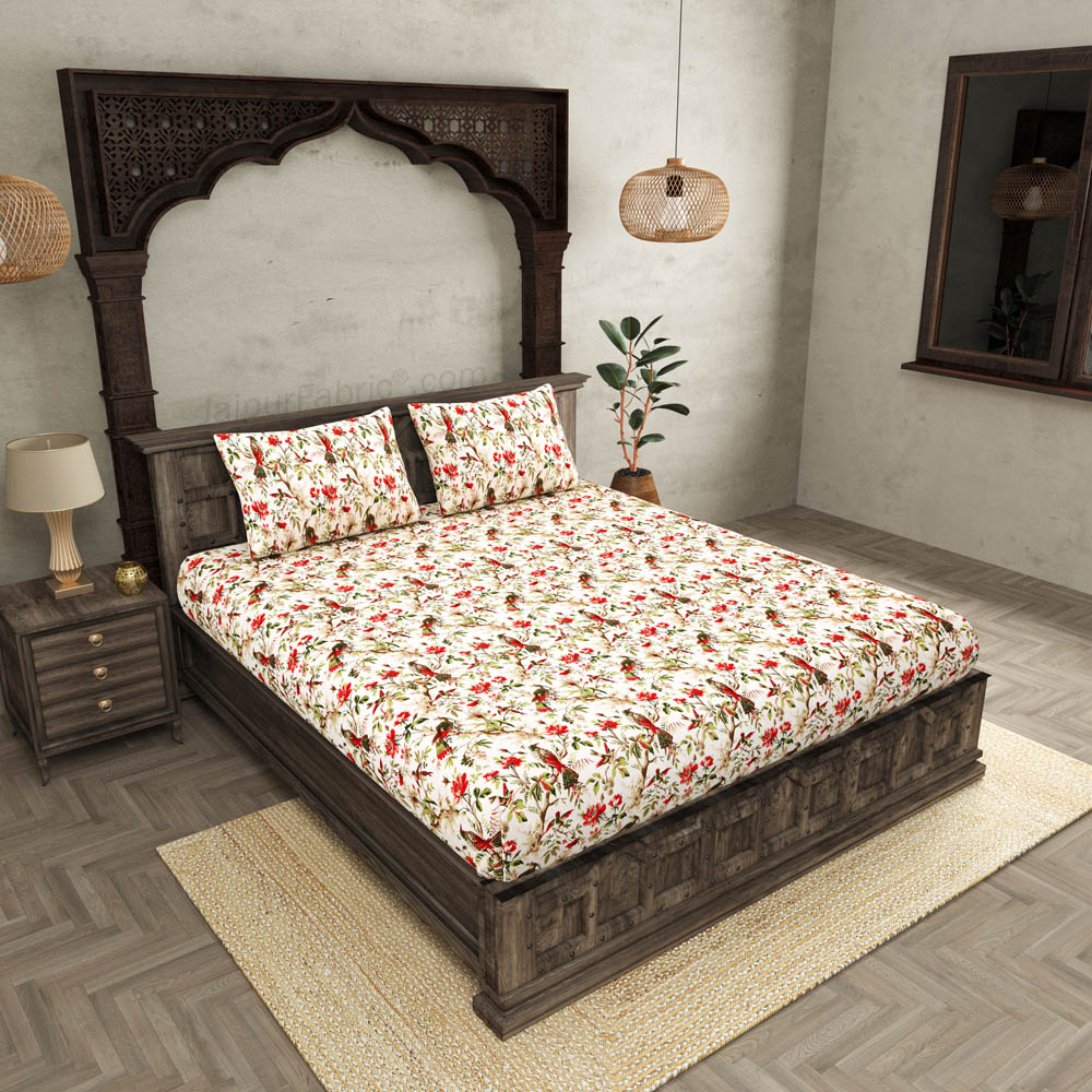 JaipurFabric® Anokhi Print Peach Bird King Size BedSheet