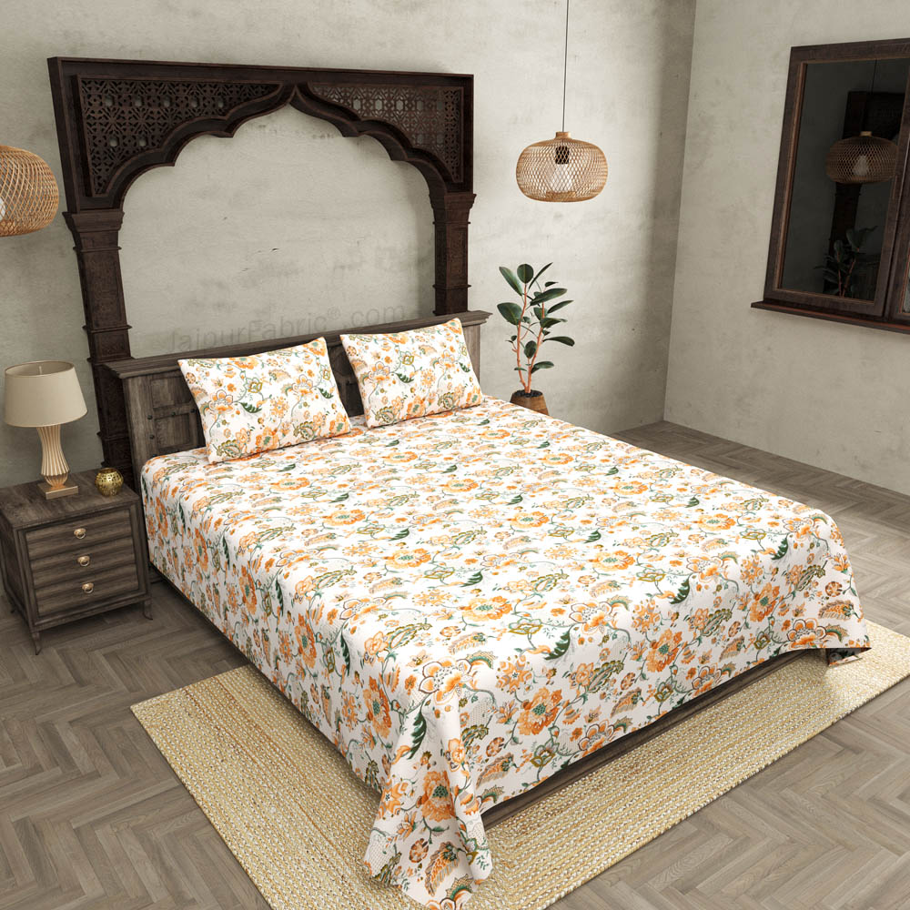 JaipurFabric® Anokhi Print Royal Orchid Peach King Size BedSheet