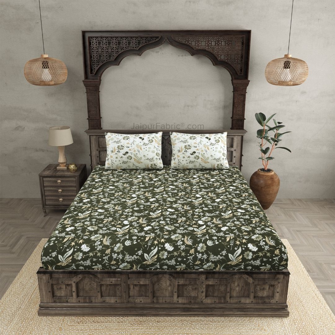 Flowery Spring Green Cotton King Size Bedsheet