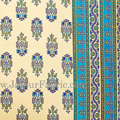 Green Border Cream Base  Multi Border Small Booti  With Golden Print Super Fine Cotton Double Bedsheet