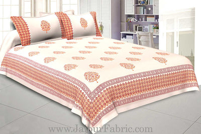 Double Bed Sheet White Base With Kadi Print Orange Buta Hand Block Print Super Fine  Cotton