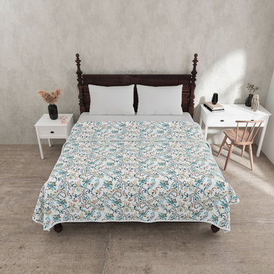 Paisley Trails Aqua Combo of Pure Cotton Double Bedsheet and Double Bed Dohar